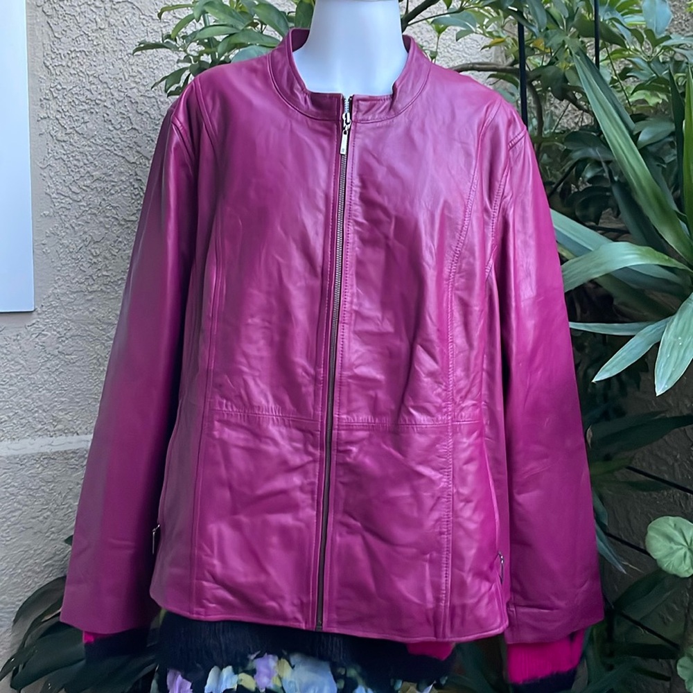 New berry color Jessica London leather jacket